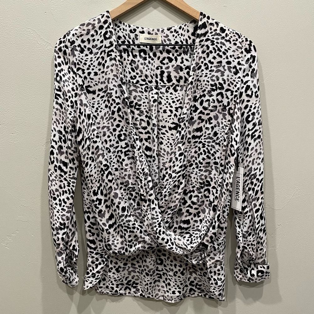 NWT L'AGENCE White Leopard Print Faux Wrap Blouse